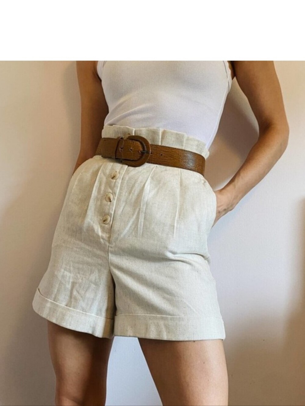 💚5/$25 Express Bermuda Extreme High Rise Linen Cotton Cream Button-Front Shorts